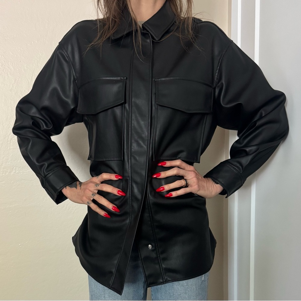 ZARA Faux Oversized Leather Button Up Shirt/Jacket BLACK XS
